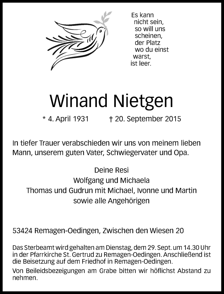  Traueranzeige für Winand Nietgen vom 23.09.2015 aus General-Anzeiger Bonn