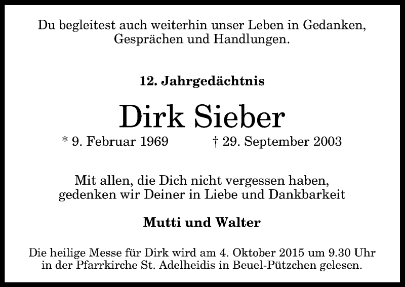  Traueranzeige für Dirk Sieber vom 26.09.2015 aus General-Anzeiger Bonn