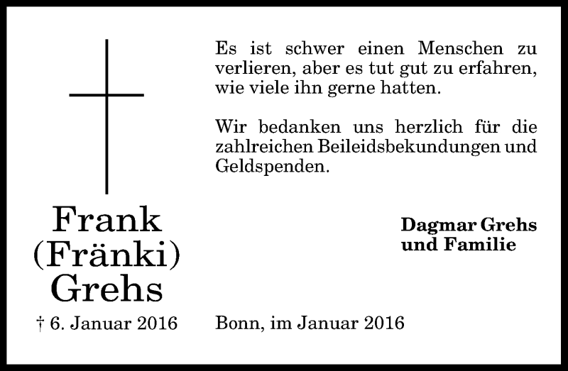  Traueranzeige für Frank Grehs vom 30.01.2016 aus General-Anzeiger Bonn