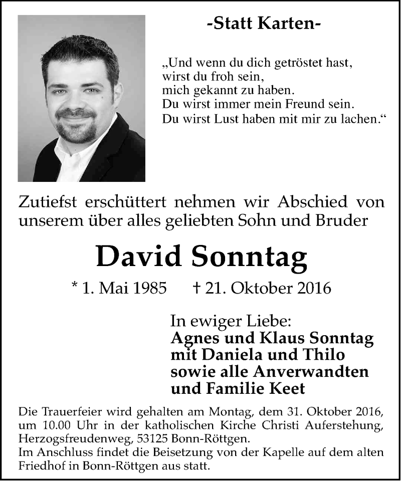  Traueranzeige für David Sonntag vom 27.10.2016 aus General-Anzeiger Bonn