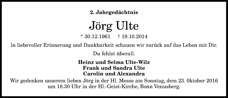  Traueranzeige für Jörg Ulte vom 15.10.2016 aus General-Anzeiger Bonn