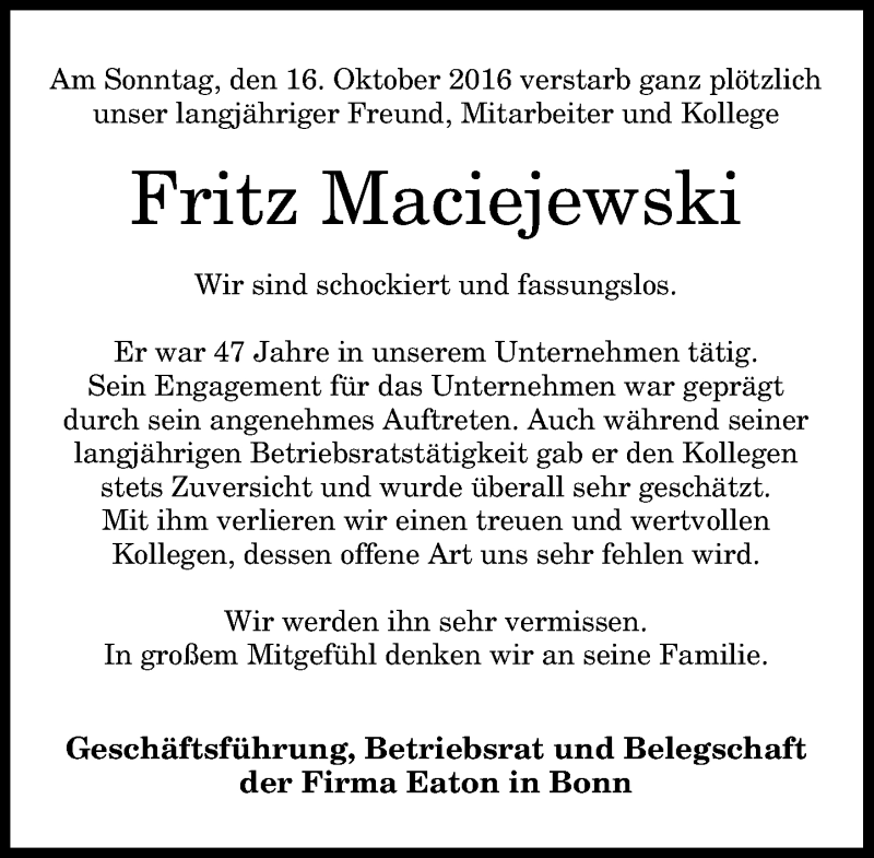  Traueranzeige für Fritz Maciejewski vom 21.10.2016 aus General-Anzeiger Bonn