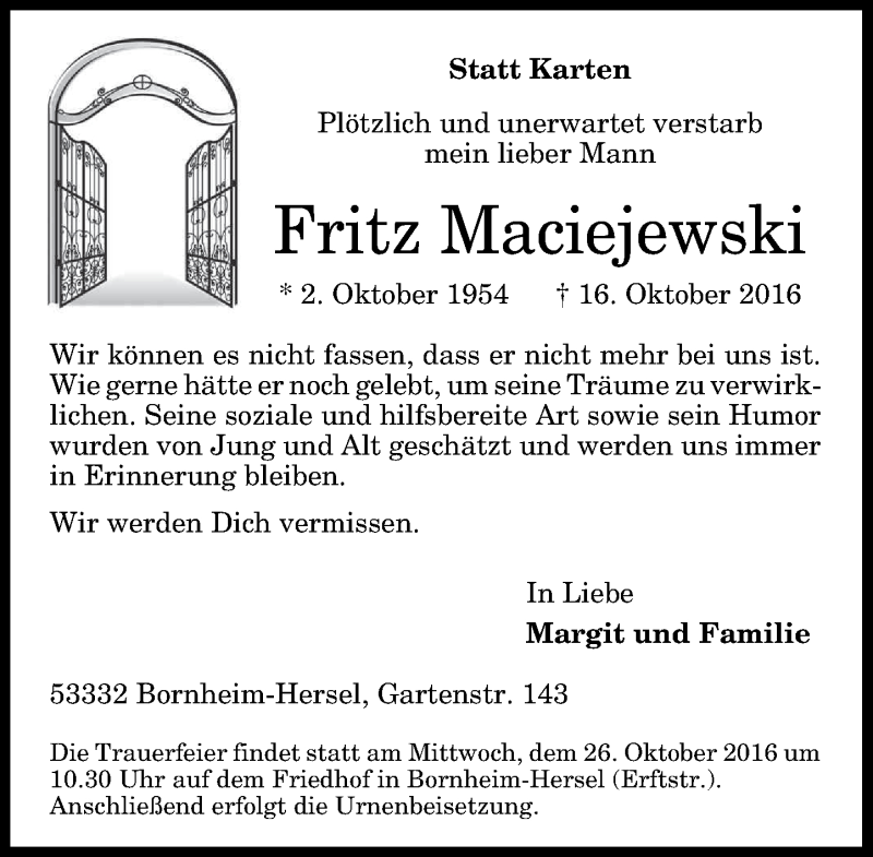  Traueranzeige für Fritz Maciejewski vom 21.10.2016 aus General-Anzeiger Bonn