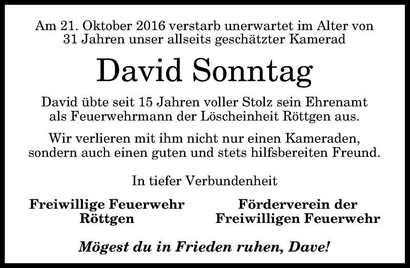  Traueranzeige für David Sonntag vom 29.10.2016 aus General-Anzeiger Bonn