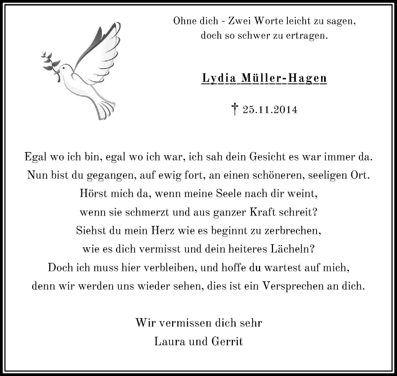  Traueranzeige für Lydia Müller-Hagen vom 26.11.2016 aus General-Anzeiger Bonn