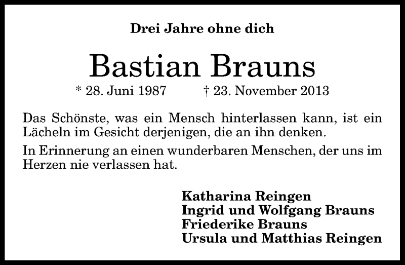  Traueranzeige für Bastian Brauns vom 19.11.2016 aus General-Anzeiger Bonn