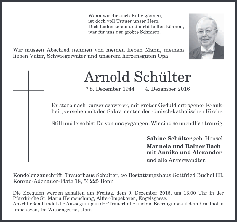  Traueranzeige für Arnold Schülter vom 07.12.2016 aus General-Anzeiger Bonn
