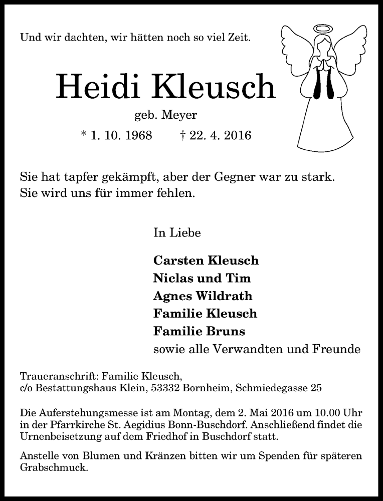 Traueranzeige für Heidi Kleusch vom 30.04.2016 aus General-Anzeiger Bonn