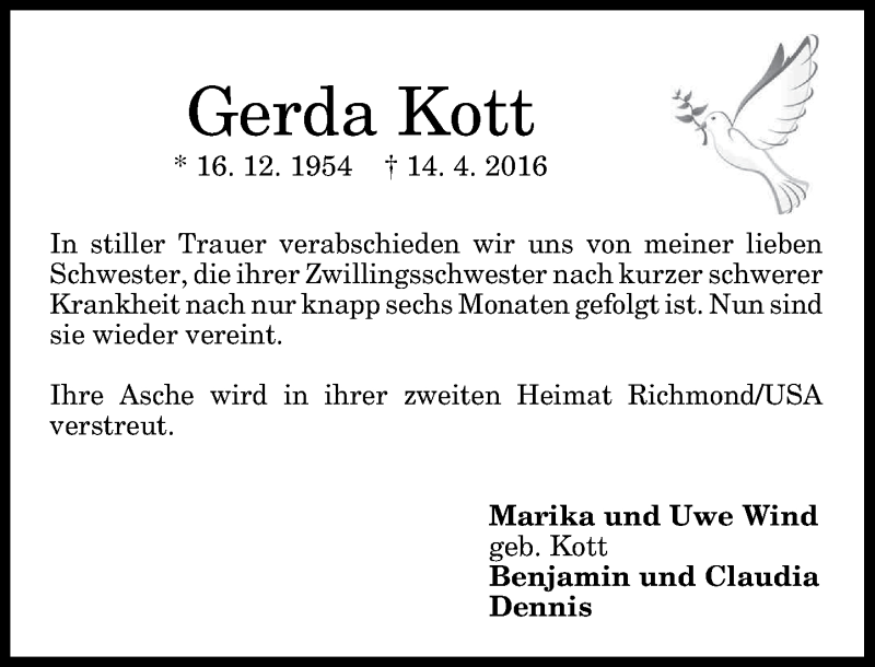  Traueranzeige für Gerda Kott vom 30.04.2016 aus General-Anzeiger Bonn