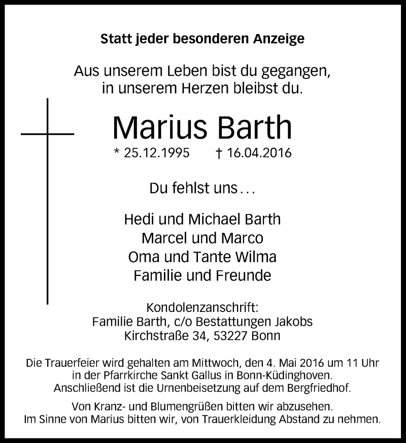  Traueranzeige für Marius Barth vom 30.04.2016 aus General-Anzeiger Bonn