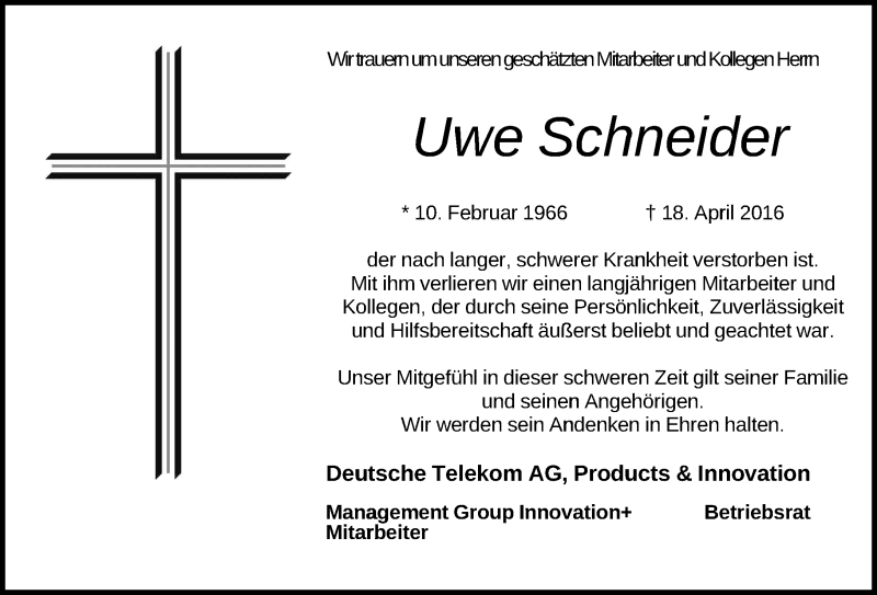  Traueranzeige für Uwe Schneider vom 23.04.2016 aus General-Anzeiger Bonn