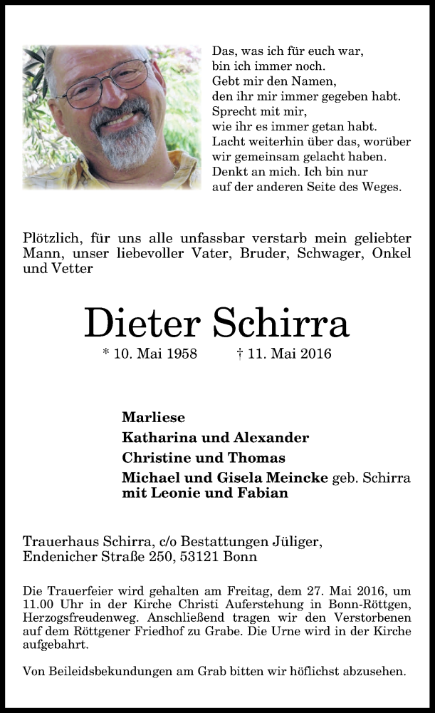  Traueranzeige für Dieter Schirra vom 21.05.2016 aus General-Anzeiger Bonn