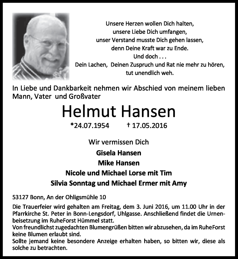  Traueranzeige für Helmut Hansen vom 21.05.2016 aus General-Anzeiger Bonn
