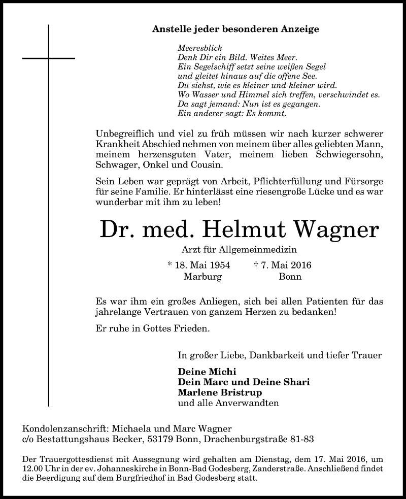  Traueranzeige für Helmut Wagner vom 11.05.2016 aus General-Anzeiger Bonn