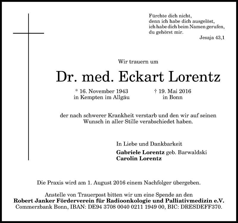  Traueranzeige für Eckart Lorentz vom 25.06.2016 aus General-Anzeiger Bonn