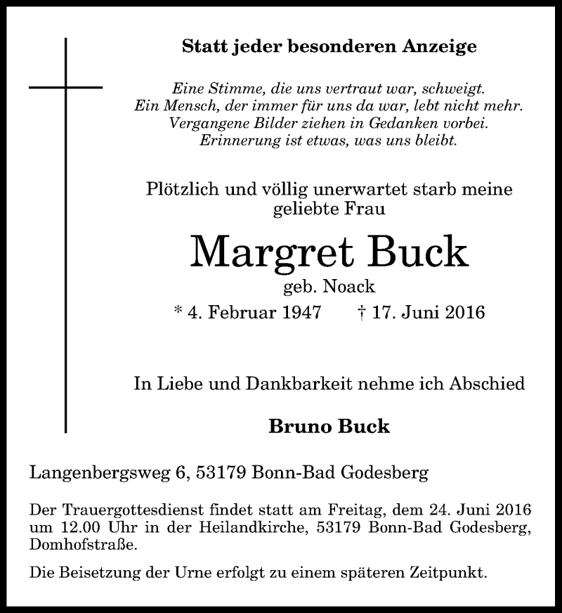 Traueranzeige für Margret Buck vom 22.06.2016 aus General-Anzeiger Bonn