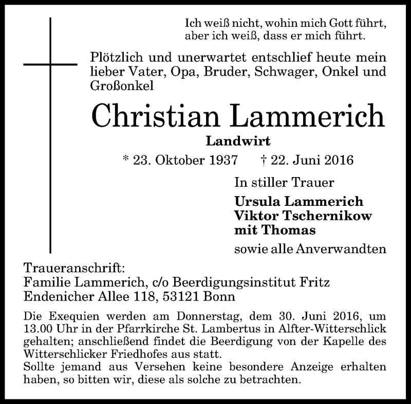  Traueranzeige für Christian Lammerich vom 25.06.2016 aus General-Anzeiger Bonn