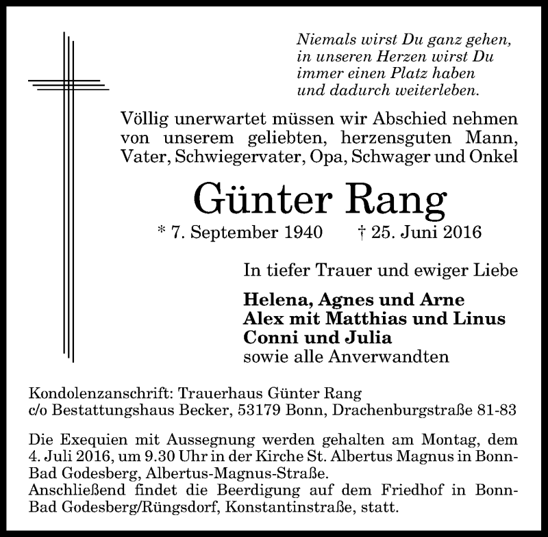  Traueranzeige für Günter Rang vom 29.06.2016 aus General-Anzeiger Bonn