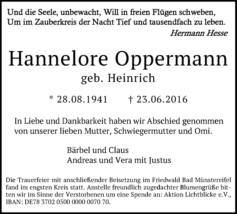  Traueranzeige für Hannelore Oppermann vom 30.07.2016 aus General-Anzeiger Bonn