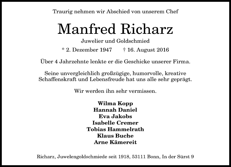  Traueranzeige für Manfred Richarz vom 20.08.2016 aus General-Anzeiger Bonn