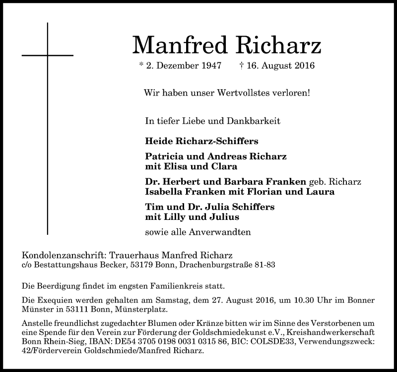  Traueranzeige für Manfred Richarz vom 20.08.2016 aus General-Anzeiger Bonn