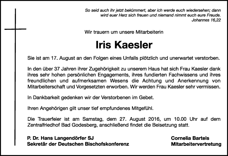  Traueranzeige für Iris Kaesler vom 24.08.2016 aus General-Anzeiger Bonn