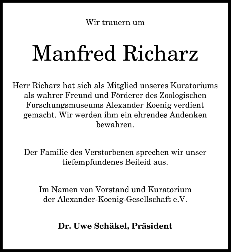  Traueranzeige für Manfred Richarz vom 25.08.2016 aus General-Anzeiger Bonn