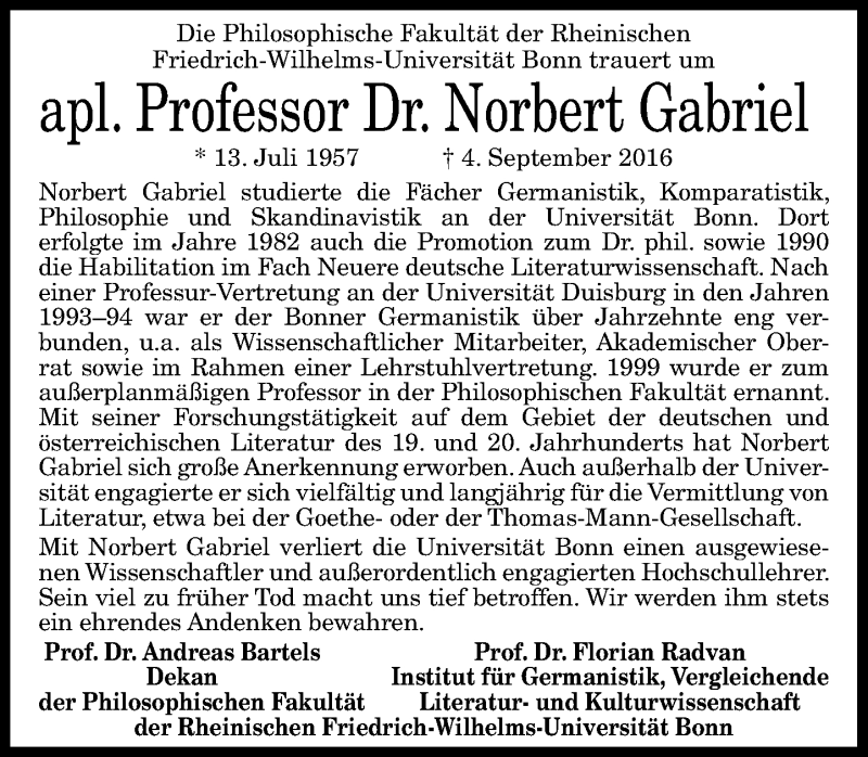  Traueranzeige für Norbert Gabriel vom 01.10.2016 aus General-Anzeiger Bonn