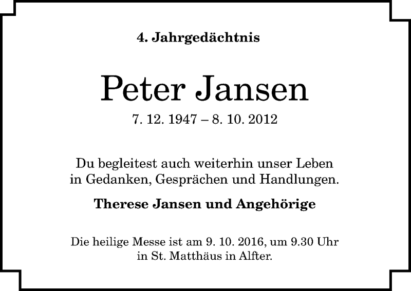  Traueranzeige für Peter Jansen vom 01.10.2016 aus General-Anzeiger Bonn