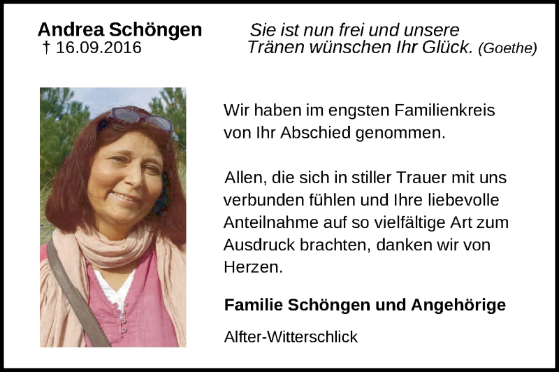  Traueranzeige für Andrea Schöngen vom 01.10.2016 aus General-Anzeiger Bonn