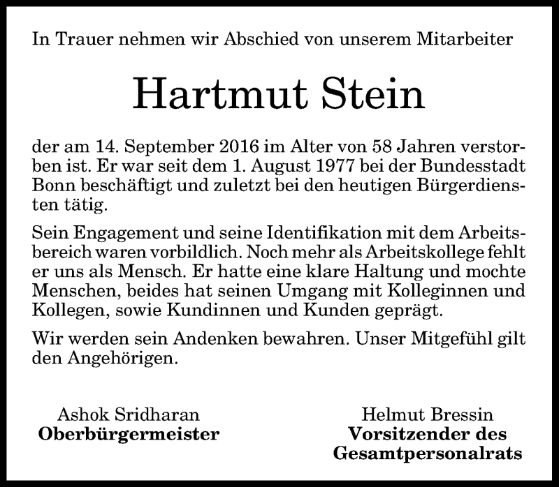  Traueranzeige für Hartmut Stein vom 20.09.2016 aus General-Anzeiger Bonn