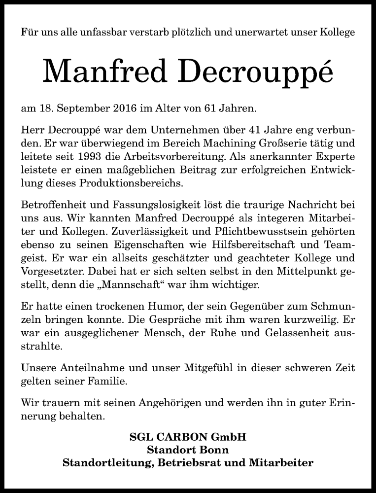  Traueranzeige für Manfred Decrouppé vom 22.09.2016 aus General-Anzeiger Bonn