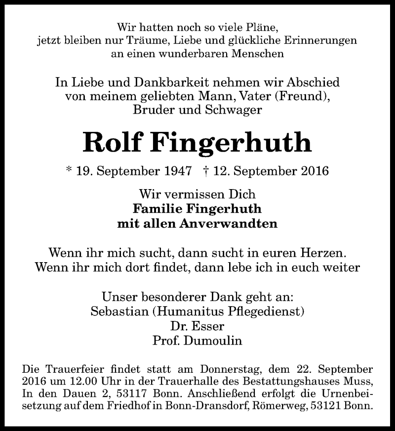  Traueranzeige für Rolf Fingerhuth vom 17.09.2016 aus General-Anzeiger Bonn
