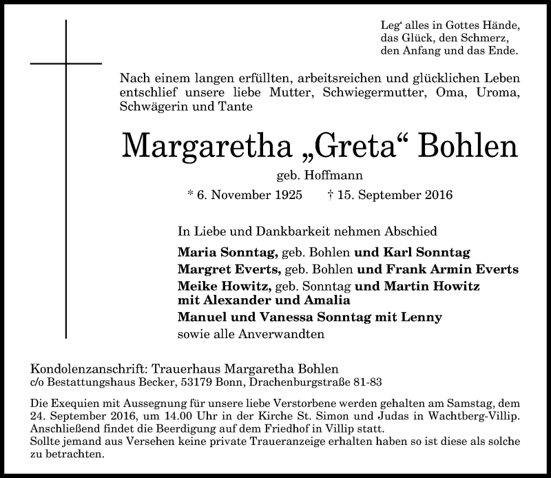  Traueranzeige für Margaretha Bohlen vom 21.09.2016 aus General-Anzeiger Bonn