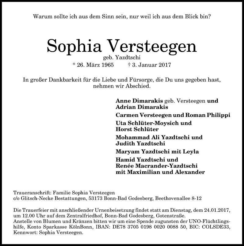  Traueranzeige für Sophia Versteegen vom 18.01.2017 aus General-Anzeiger Bonn