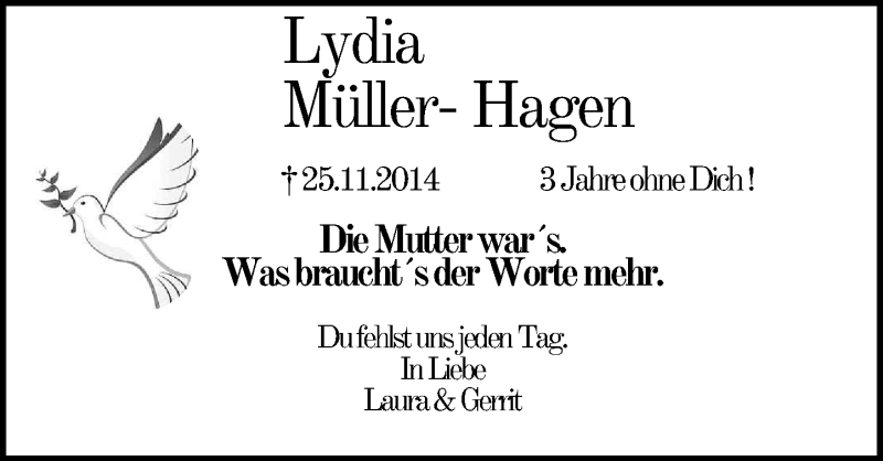  Traueranzeige für Lydia Müller-Hagen vom 25.11.2017 aus General-Anzeiger Bonn