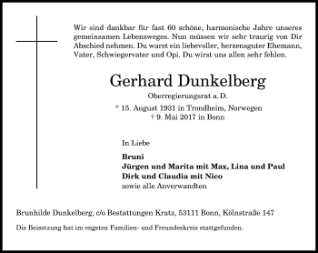 Anzeige von Gerhard Dunkelberg von General-Anzeiger Bonn
