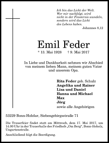 Anzeige von Emil Feder von General-Anzeiger Bonn