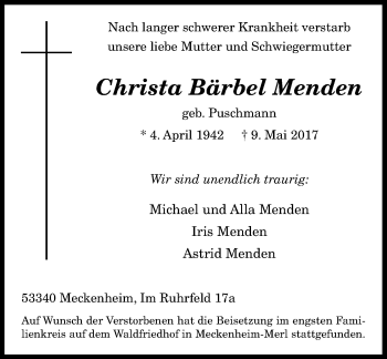 Anzeige von Christa Bärbel Menden von General-Anzeiger Bonn