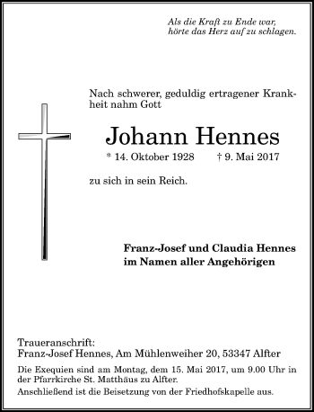 Anzeige von Johann Hennes von General-Anzeiger Bonn