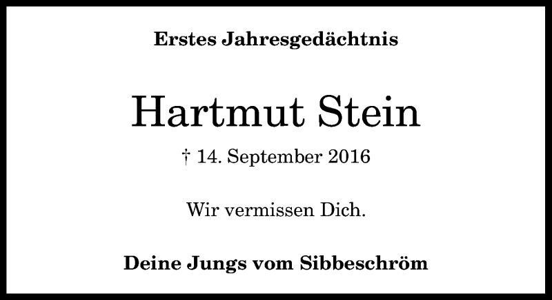  Traueranzeige für Hartmut Stein vom 14.09.2017 aus General-Anzeiger Bonn