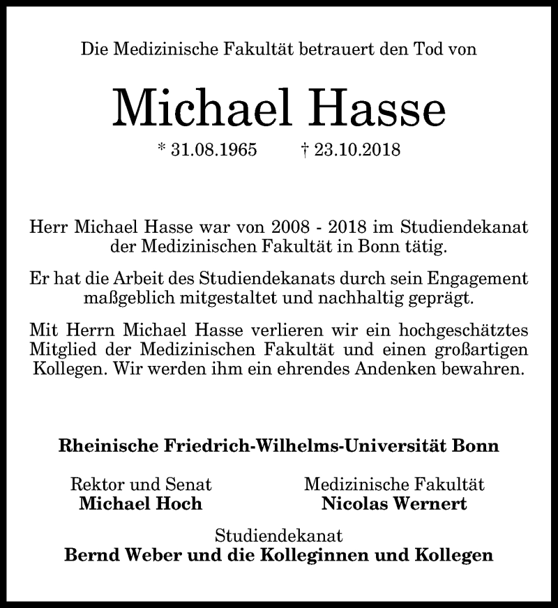 Traueranzeige für Michael Hasse vom 10.11.2018 aus General-Anzeiger Bonn