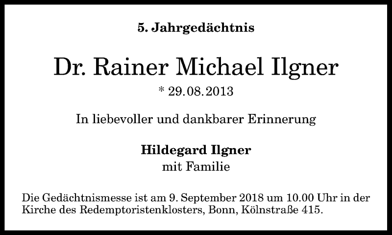  Traueranzeige für Rainer Michael Ilgner vom 01.09.2018 aus General-Anzeiger Bonn