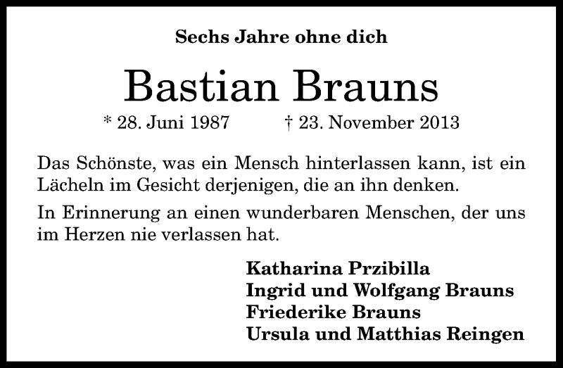  Traueranzeige für Bastian Brauns vom 23.11.2019 aus General-Anzeiger Bonn