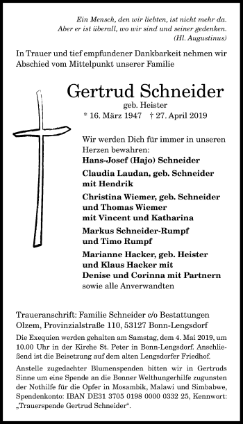 Anzeige von Gertrud Schneider von General-Anzeiger Bonn