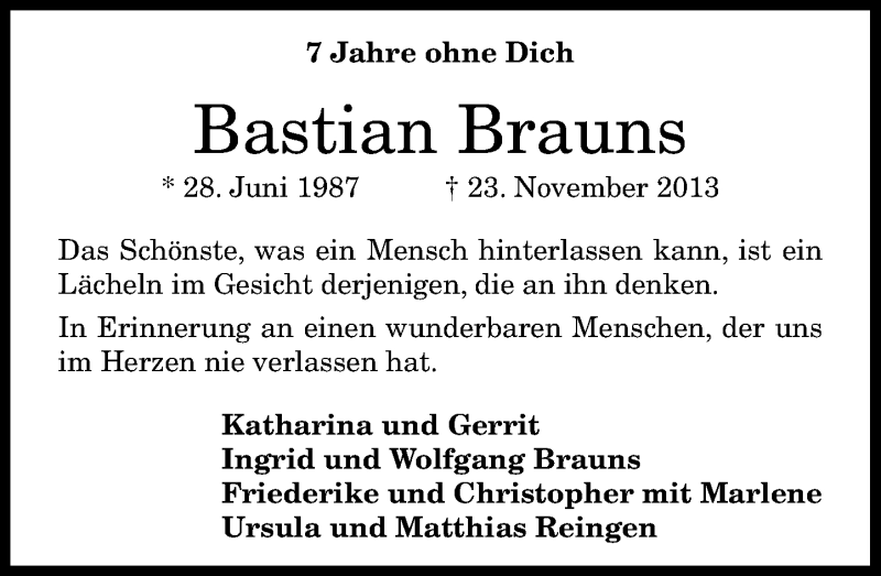  Traueranzeige für Bastian Brauns vom 21.11.2020 aus General-Anzeiger Bonn