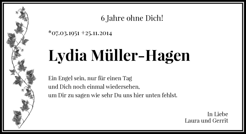  Traueranzeige für Lydia Müller-Hagen vom 28.11.2020 aus General-Anzeiger Bonn