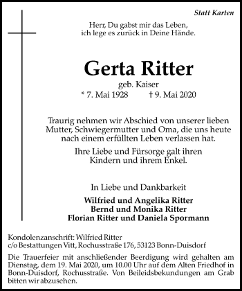 Anzeige von Gerta Ritter von General-Anzeiger Bonn
