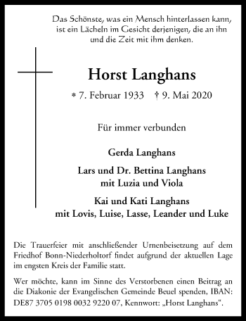 Anzeige von Horst Langhans von General-Anzeiger Bonn
