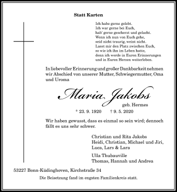 Anzeige von Maria Jakobs von General-Anzeiger Bonn
